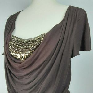 Vintage ALYX Brown Studded Sequin Stretchy Drape Neck Blouse Top XL